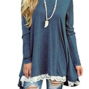 Wekili Women's Size Large Blue Lace Trim Oversized Tunic Blouse